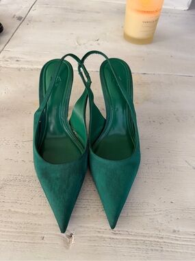 Zara Emerald Green Pointed-Toe Slingback Heels